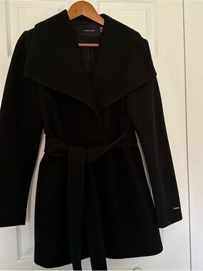 Tahari Black Belted Shawl-Collar Wool Coat